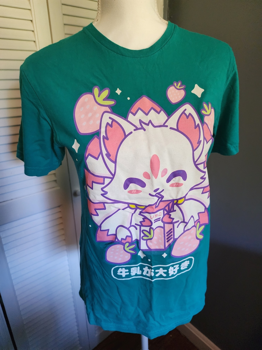 Hot Topic Teal Small Adult  Tee with Cute Fox & Strawberry Art Japanese Anime